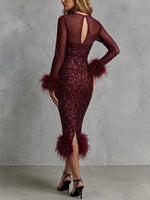 Sequin And Mesh Midi Dress With Feather Trim And Bodycon Fit