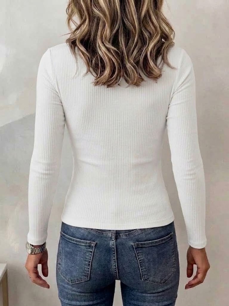 Crew Neck Chest Cutout Deep V Fitted Ribbed Long Sleeve Knit Top