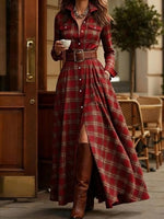 Vintage-style Plaid Cotton Long Shirt Dress