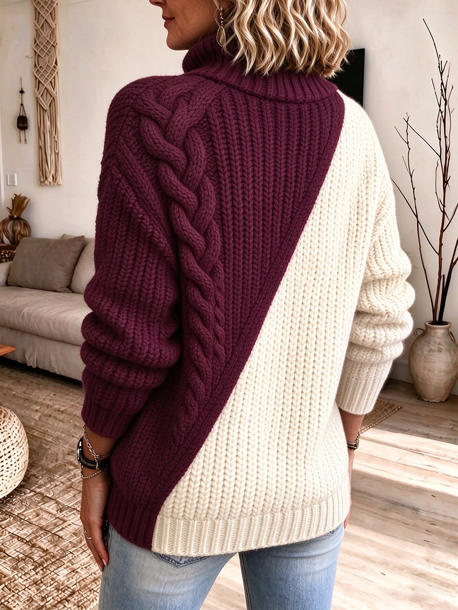 Cozy Colorblock Diagonal-Zip Knit Pullover