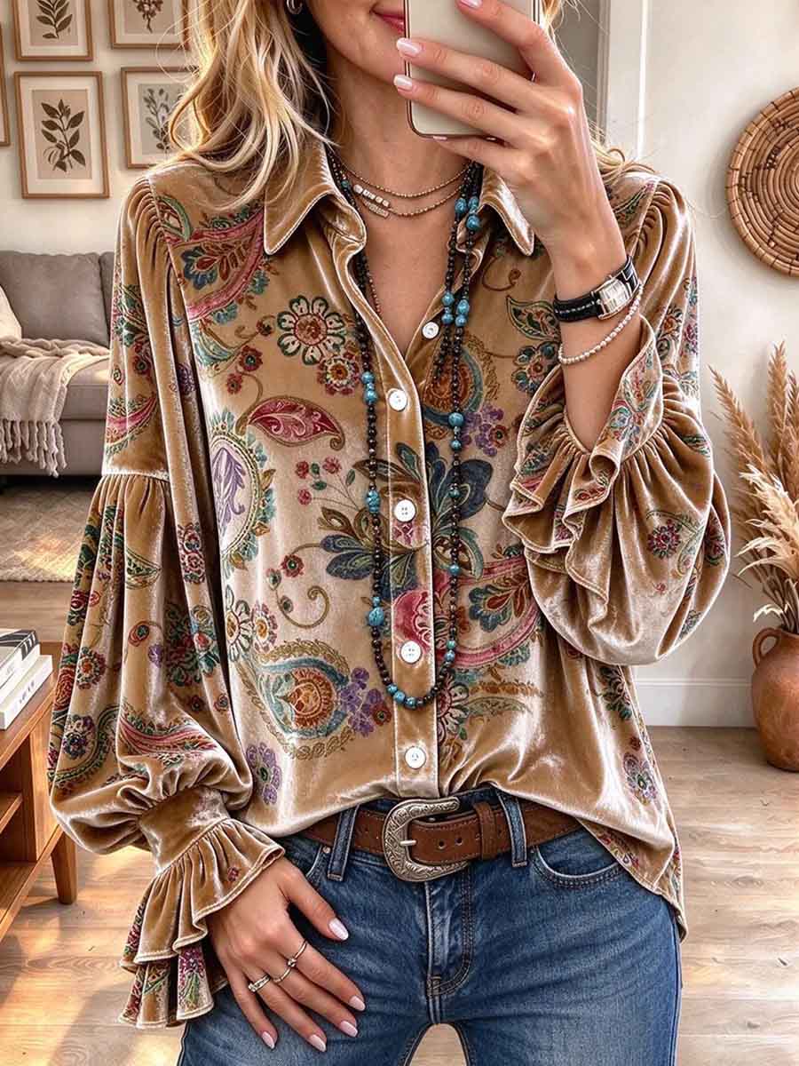 Women's Boho Floral Velvet Button-Down Shirt with Ruffled Flounce Sleeves