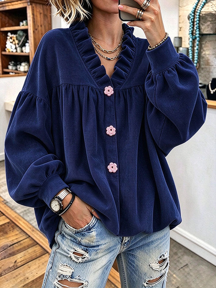 Casual Streetwear Ruffled Floral-button Oversized Blouse