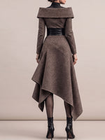 Women's Solid-color Casual Loose Wool-blend Dress With Asymmetric Collar And Long Sleeves