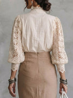 Vintage Stand Collar Hollow Lace Spliced Pearl Button Lantern Sleeve Blouse