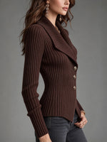Chic Brown Ribbed-knit Wrap Cardigan With A Fold-over Collar