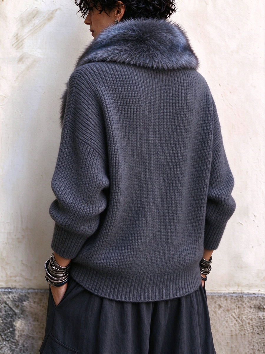 Luxurious Faux-Fur Trim Asymmetrical Zip Knit Pullover