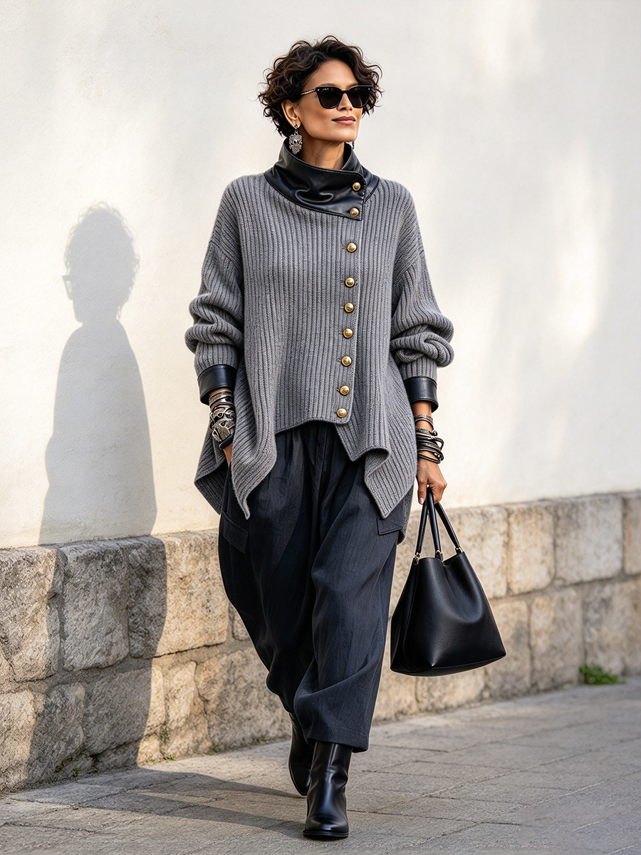 Cozy Stylish Faux Leather Knit Cardigan Jacket