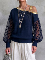 One-shoulder Knit Top With Polka-dot Mesh Paneling