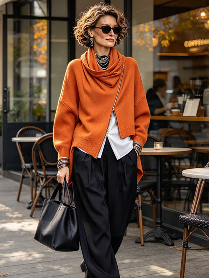 Chic Urban Orange Asymmetrical Zip Sweater Jacket