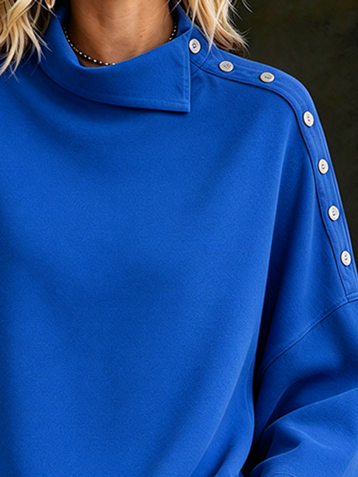 Vibrant Blue Button-trim High Neck Casual Top