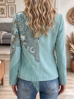 Women's Asymmetrical Floral Embroidered Fringe Blazer