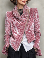 Chic Pink Leopard Velvet Asymmetrical Zip Jacket
