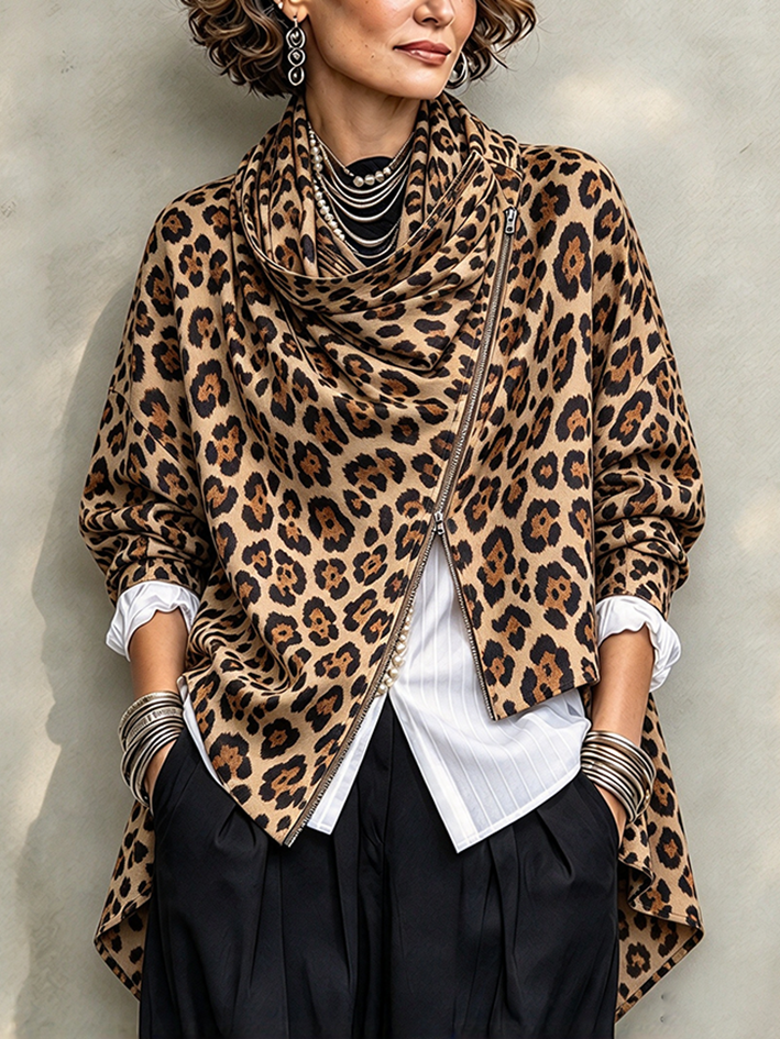 Chic Urban Leopard Print Asymmetrical Zip Jacket