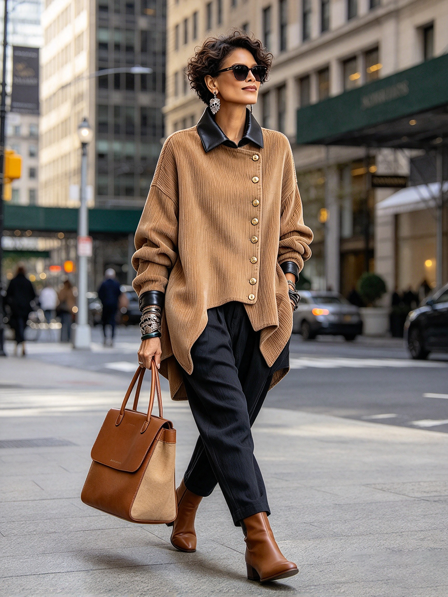 Chic Autumn Winter Cozy Stylish Faux Leather Corduroy Jacket