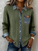Women's Cable Knit Denim Patchwork Button-down Sweater