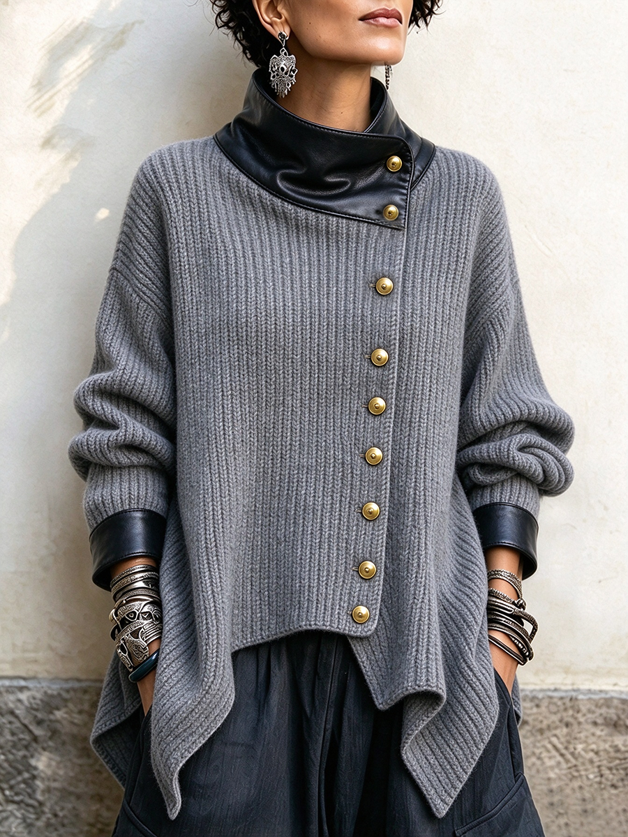 Cozy Stylish Faux Leather Knit Cardigan Jacket