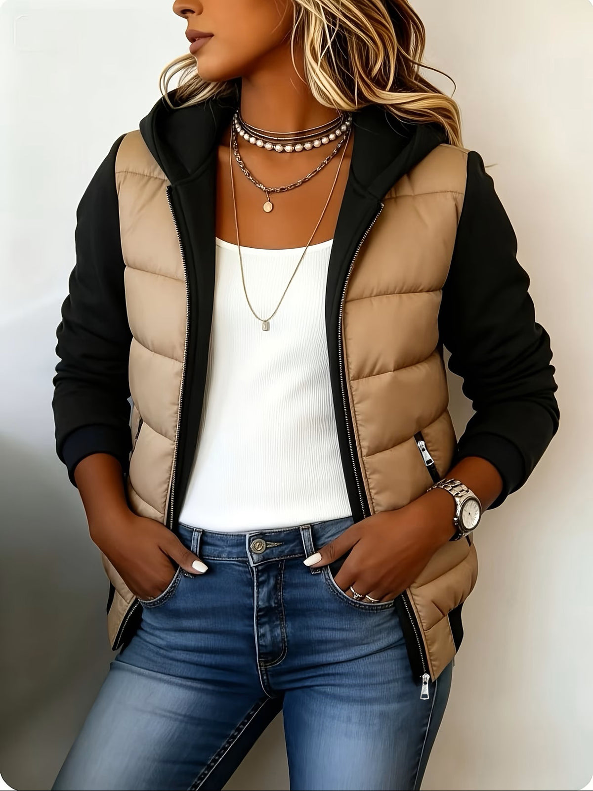 Casual Paneled Hooded Quilted Padded Jacket
