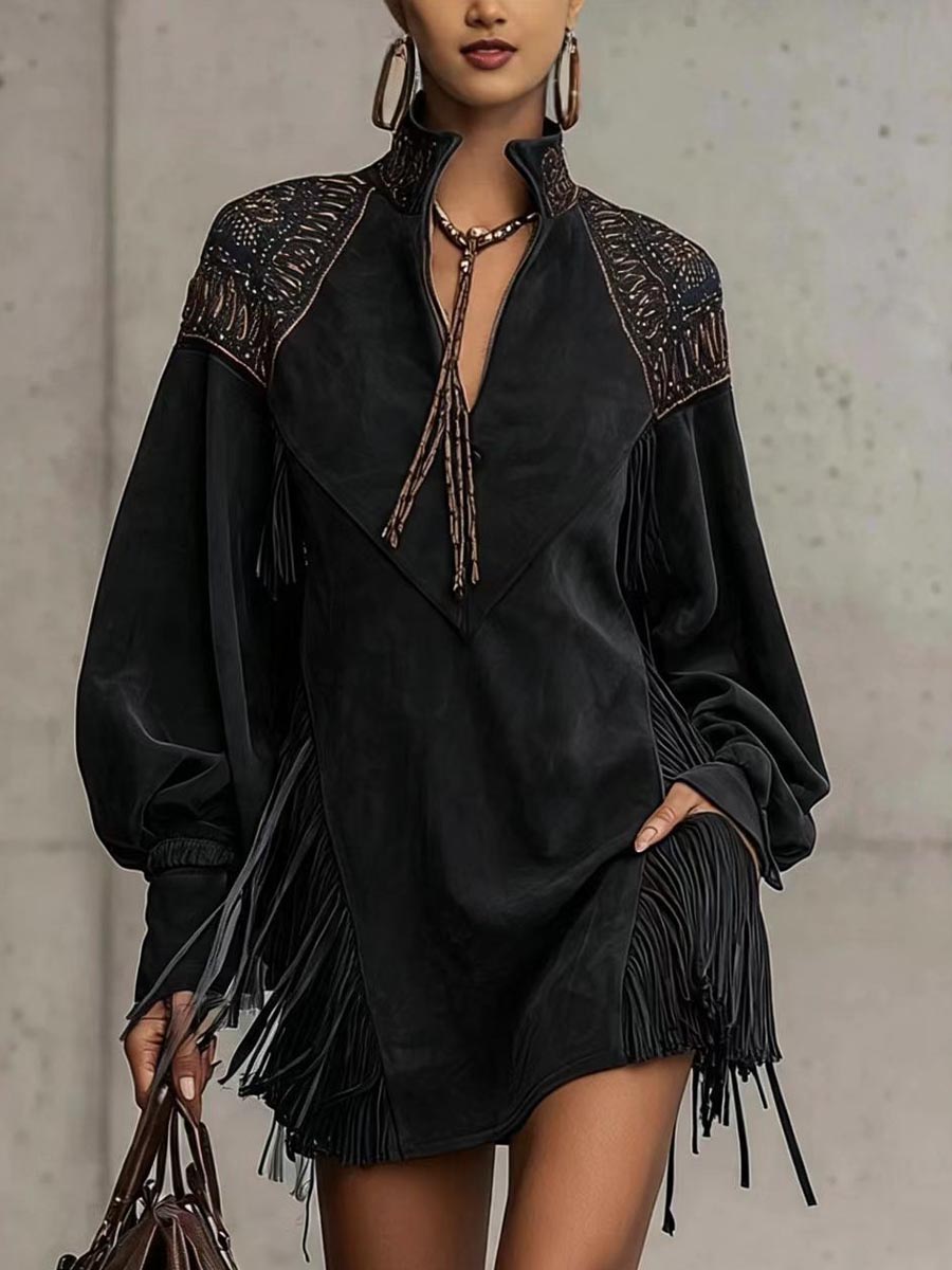 Bohemian V-Neck Fringe Trim Long Sleeve Tunic Dress