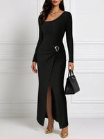 One-shoulder Ribbed Long-sleeve Maxi Dress With A Waist-cinching Fit, Rhinestone Button Detail, And A Side Slit