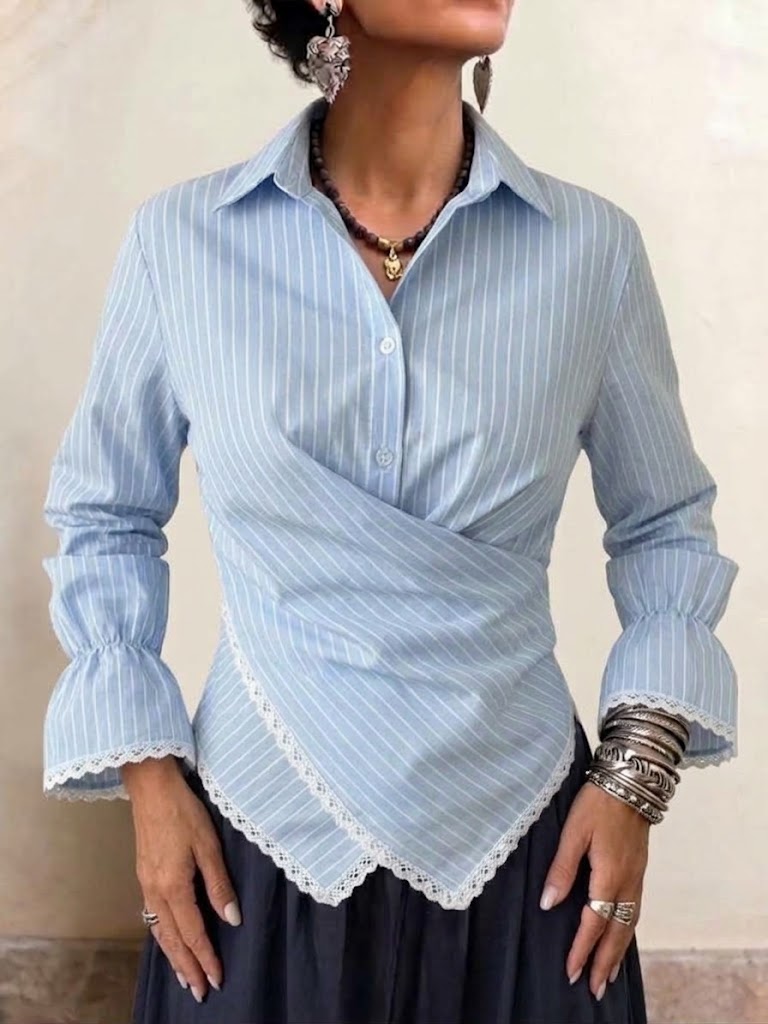 Striped Lace-trimmed Shirt With Lapel And Wrap-waist Detail