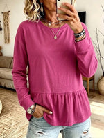 Loose-fit Long-sleeve T-shirt With A Crew Neck, Dropped Shoulders, And A Ruffled Hem