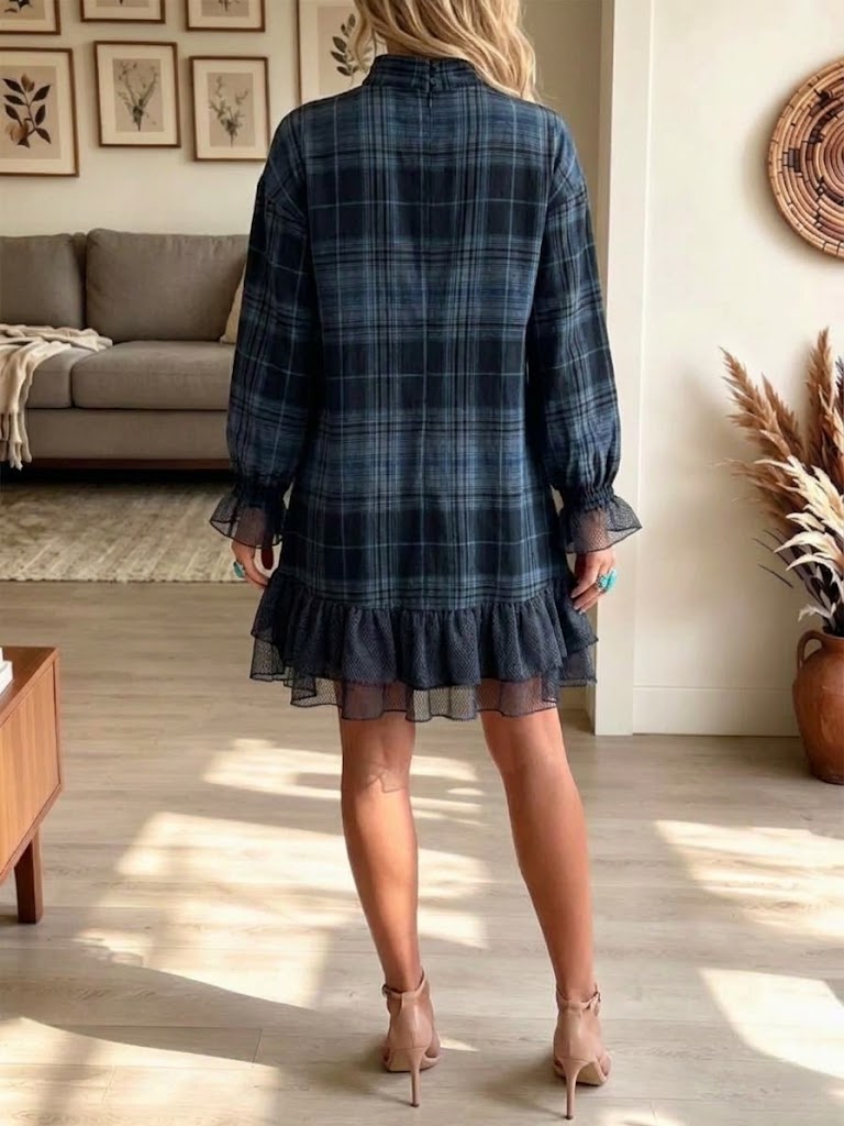 Plaid Mock-neck Sheer Ruffled Mini Dress