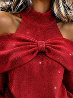 Chic Sweet Aesthetic Party Sparkling Red Bow Sweater