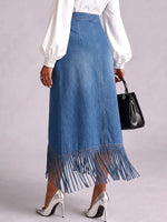 Women's Asymmetrical Wrap Denim Midi Skirt with Fringe Hem