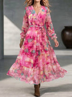 V-neck Wrap-style Watercolor-print Maxi Dress With Ruffled Long Sleeves And A Voluminous Skirt