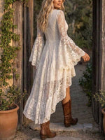 Women's White Lace V-neck High-low Boho Dress