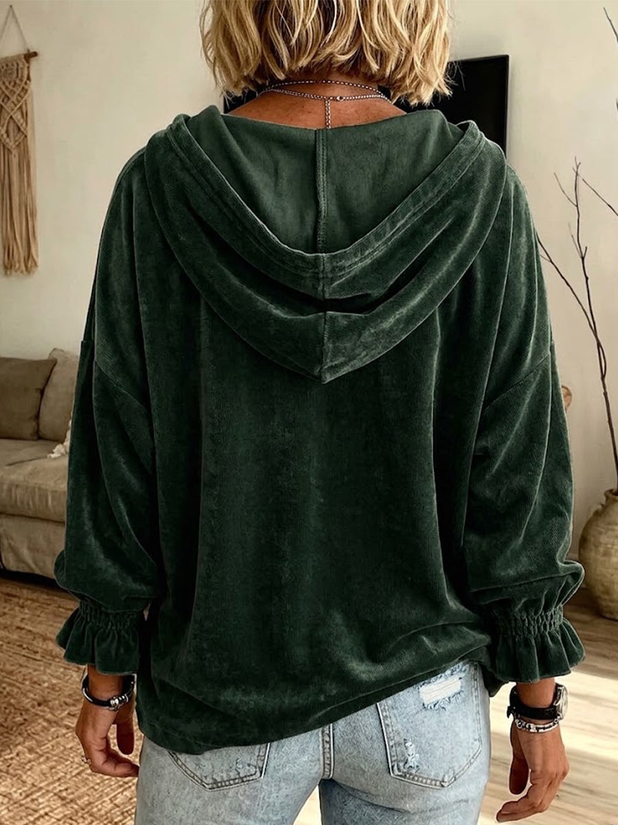 Casual Loose-fit Hooded Button-up Sweatshirt