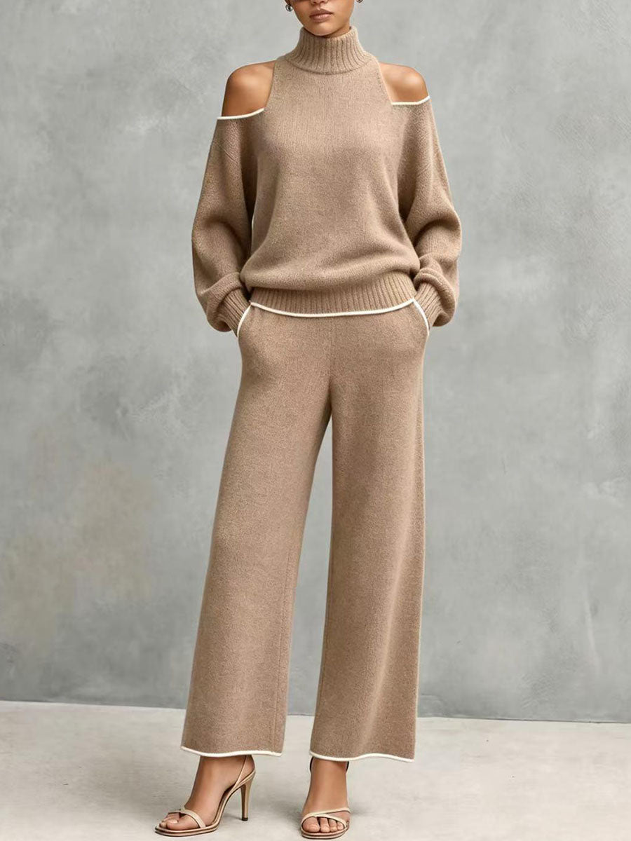 Cold-shoulder Turtleneck Knit Sweater And Wide-leg Pants Set