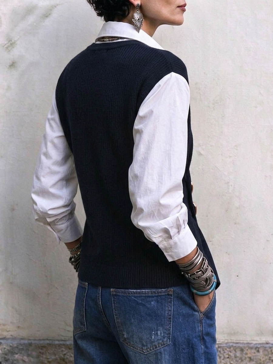 Women's Layered Asymmetrical Vest Top with Statement Buttons