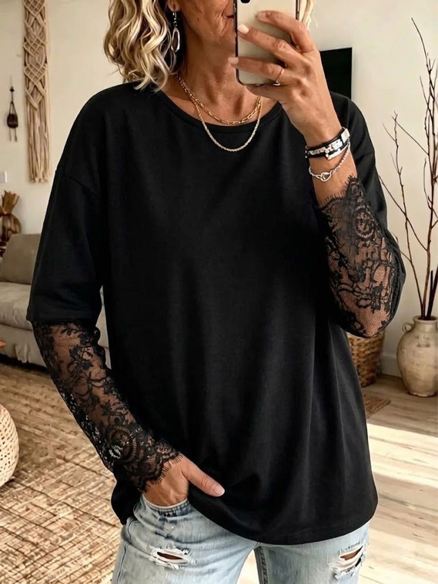 Long-sleeved Top With Lace Paneling And A Back Slit