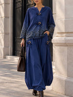 Women's Cotton-linen Set: Gradient Leopard Print V-neck Long-sleeve Loose Casual Top & High-waisted Slim-fit Loose Skirt
