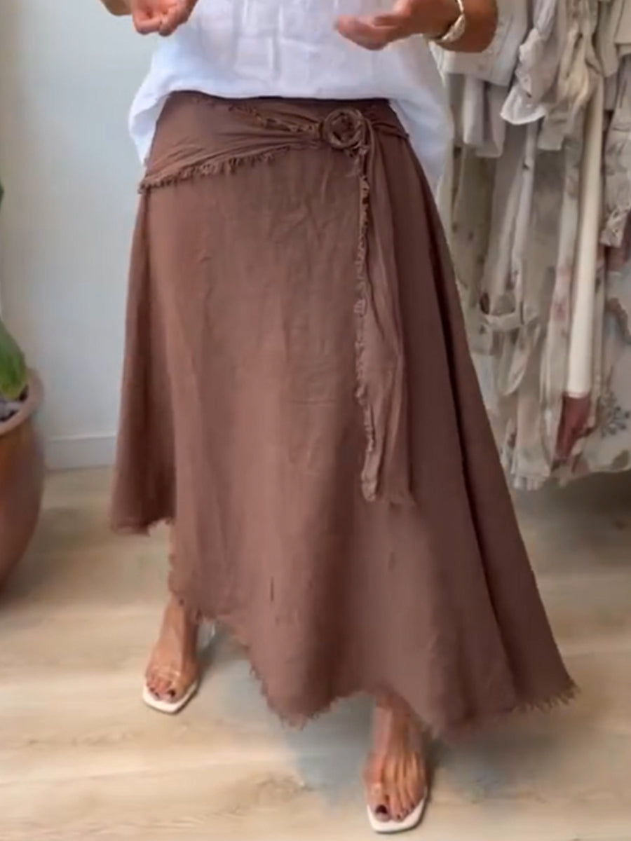 Casual Frayed-edge Linen-cotton Blend Wrap Midi Skirt