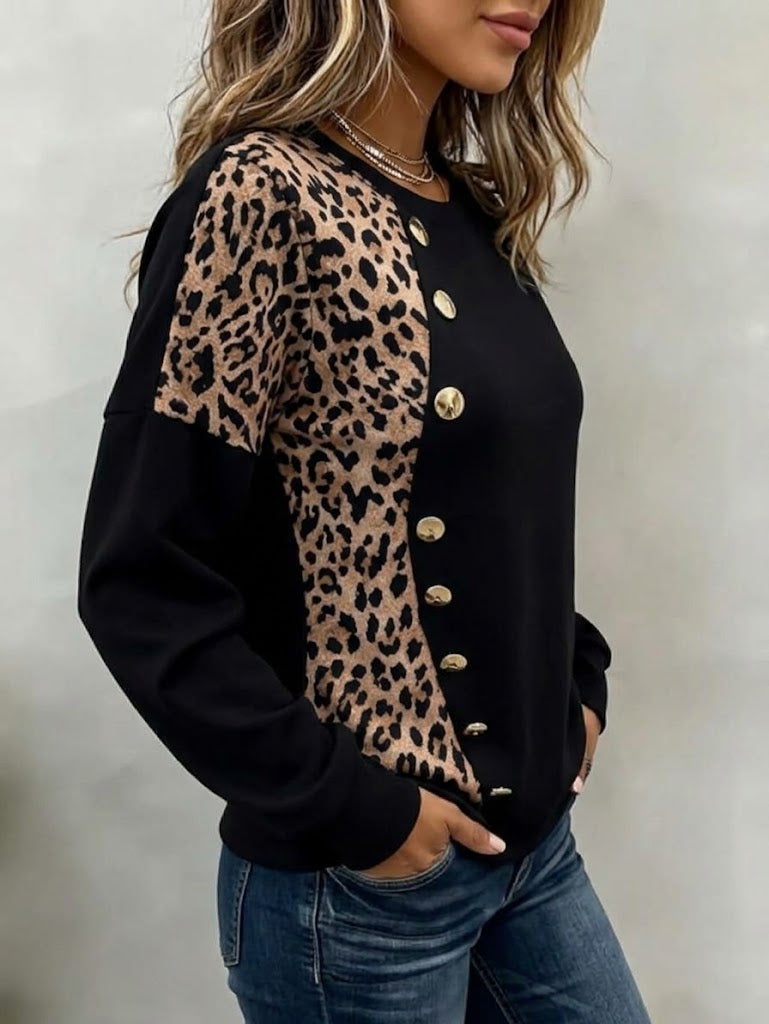 Casual Leopard-print Color-block Sweatshirt