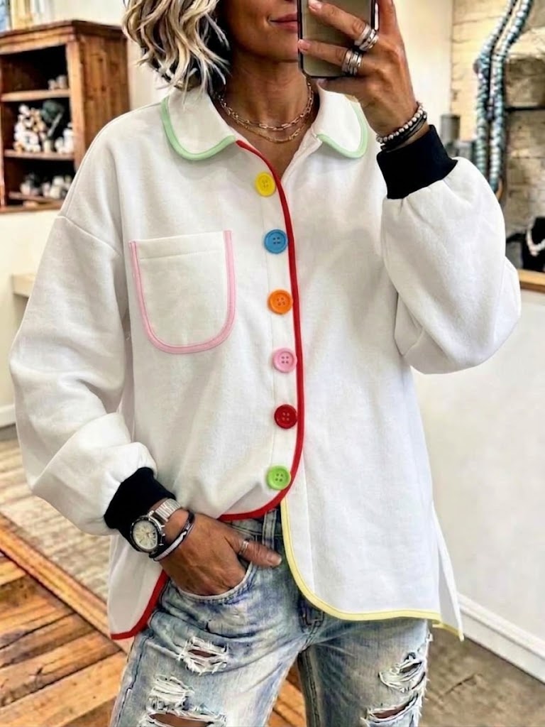 Color Piping Collared Casual Shirt Jacket With Multi-Color Buttons