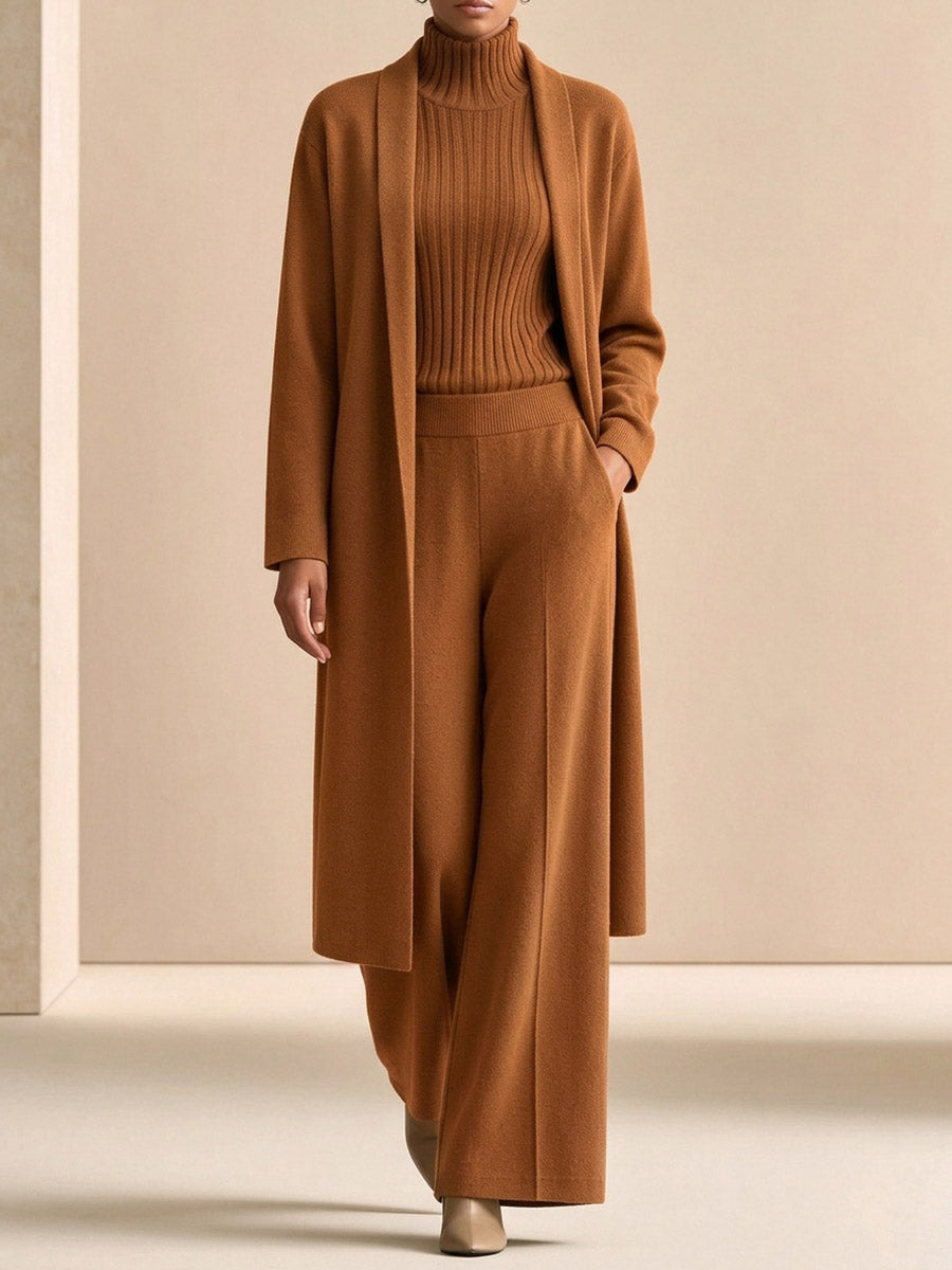 Women's 3-piece Knit Lounge Set: Cardigan, Ribbed Top, And Wide-leg Pants