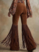 Women's Western Faux Suede Fringe Flare Pants